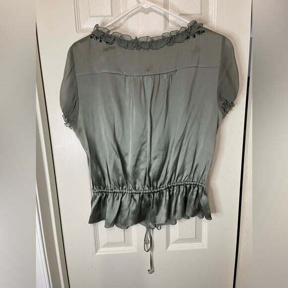 Moschino Cheap and Chic Green Y2K NWT Silk Black Floral Sheer Mesh Sleeve Top 14 - Picture 6 of 7